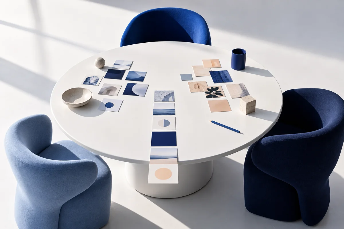A sculptural workshop table with idea cards gathered into a shared direction