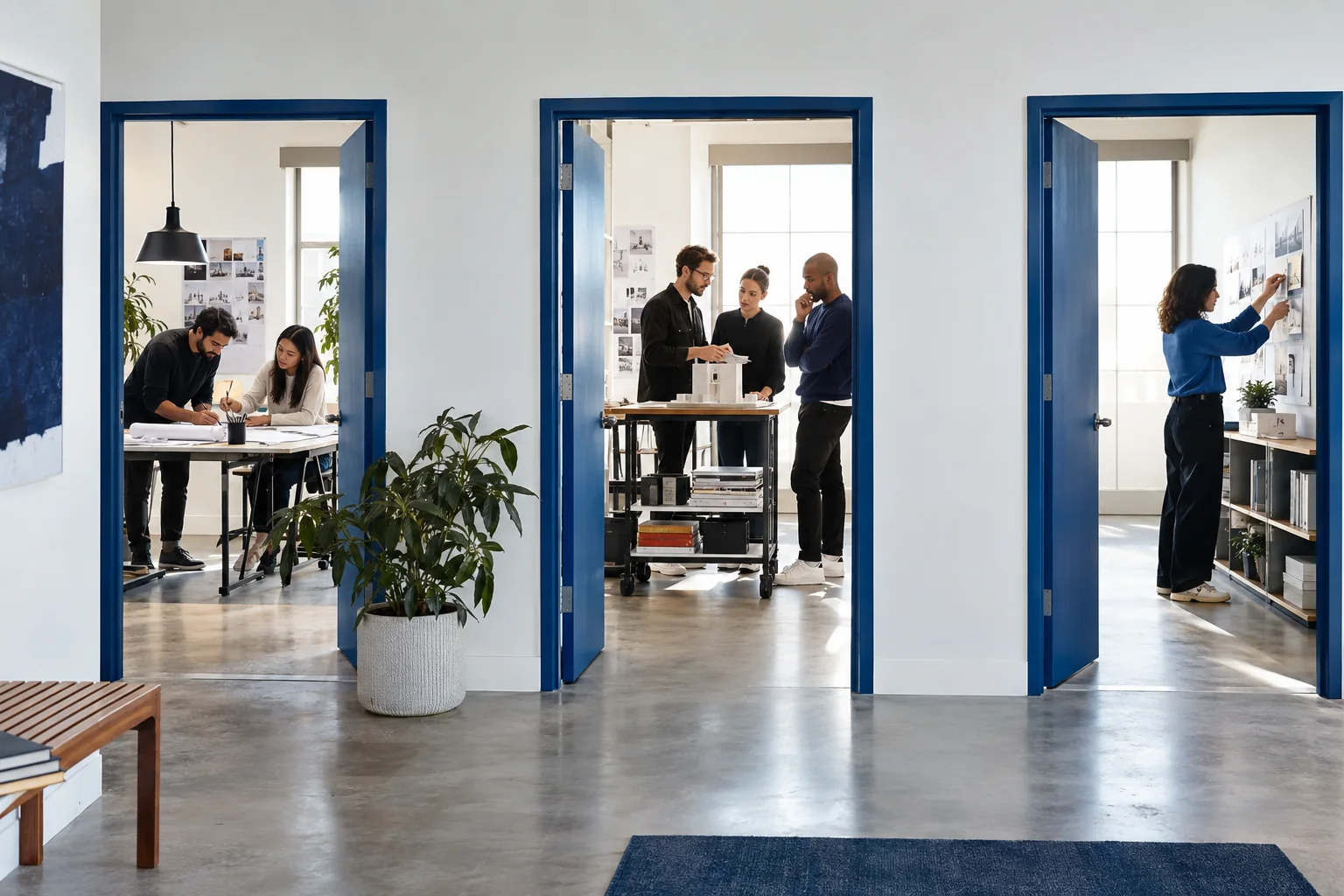 Different teams exploring ideas, prototypes and plans in a shared studio.