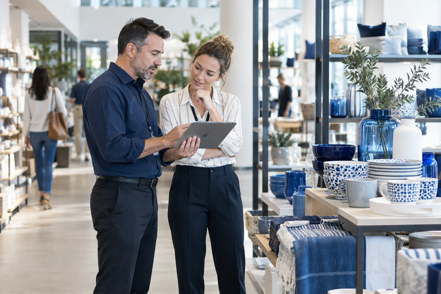 Retail colleagues reviewing the customer experience in a showroom.
