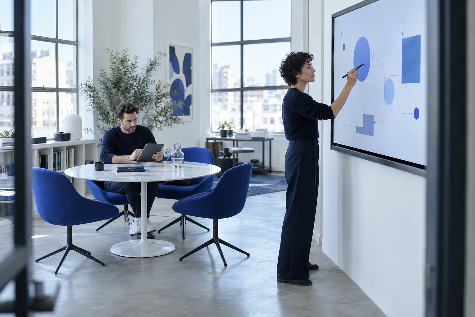 A creative director and colleague working with a large digital whiteboard.