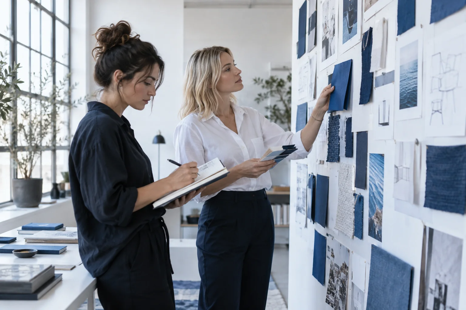 Design colleagues reviewing visual directions and interface sketches.