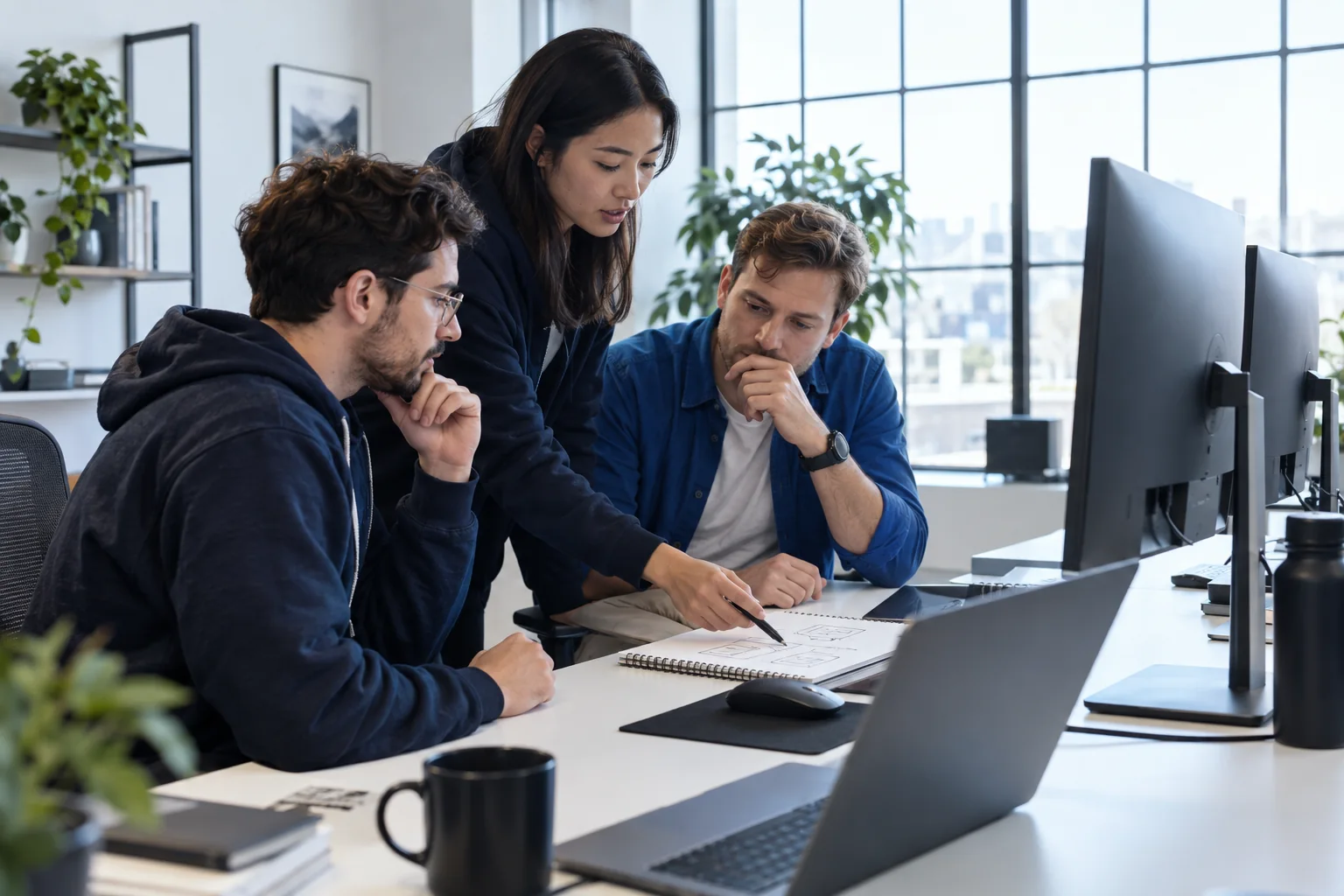 Engineers connecting an implementation discussion to a system sketch.
