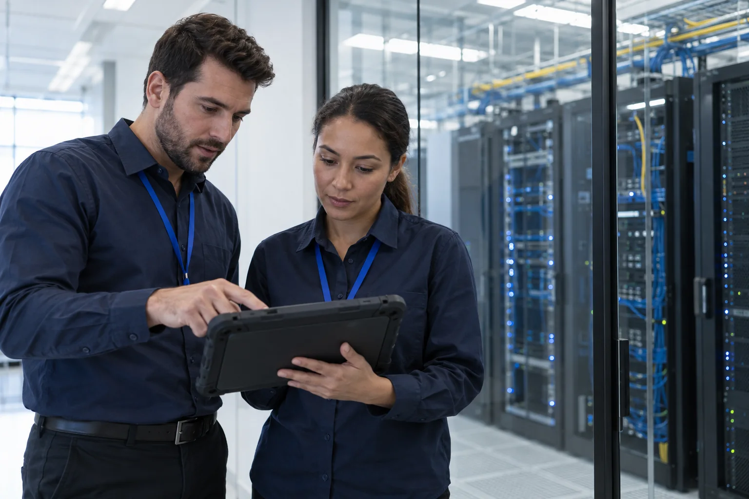 IT colleagues reviewing a network plan beside an equipment room.