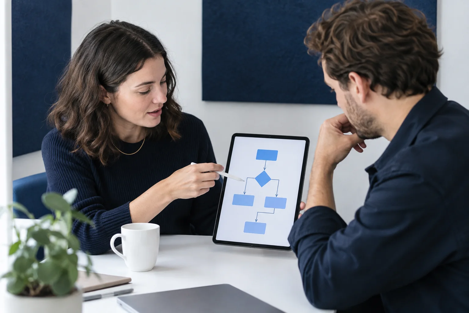 Colleagues reviewing a decision flowchart on a tablet.