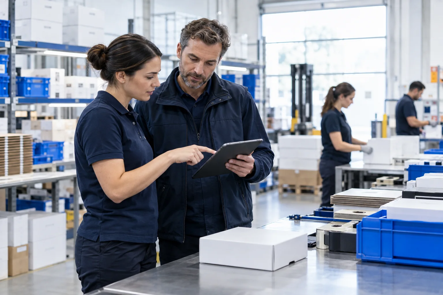 An operations team reviewing the stages of a packing process.