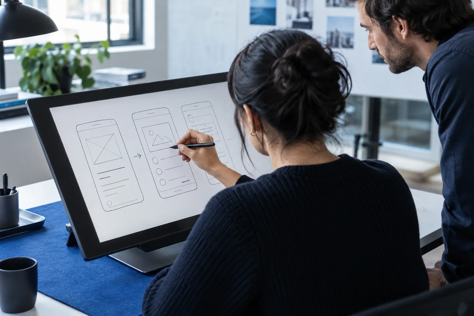 A UX designer sketching wireframes while a colleague reviews them.